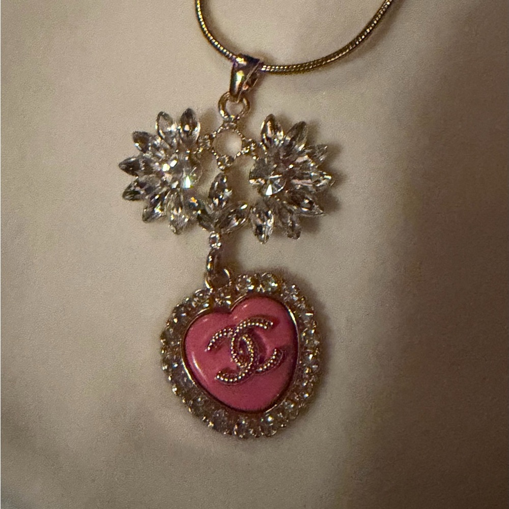 Upcycled Vintage Jewelry with Pink CC Heart Pendant Necklace - Picture 2 of 7